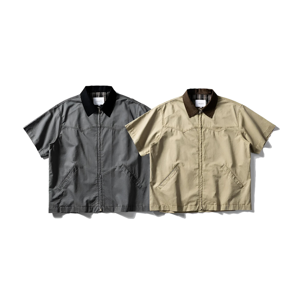 Men's khaki cotton short-sleeve loose-fit overalls cardigan shirt on a hanger