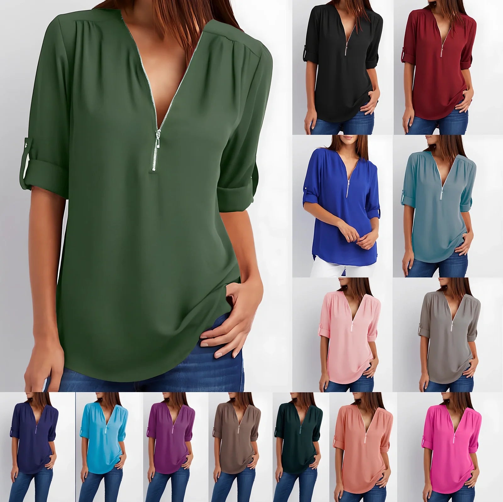 Women's pink zip V-neck short sleeve loose shirt, bust 96cm size S, Dacron fabric in multiple colours