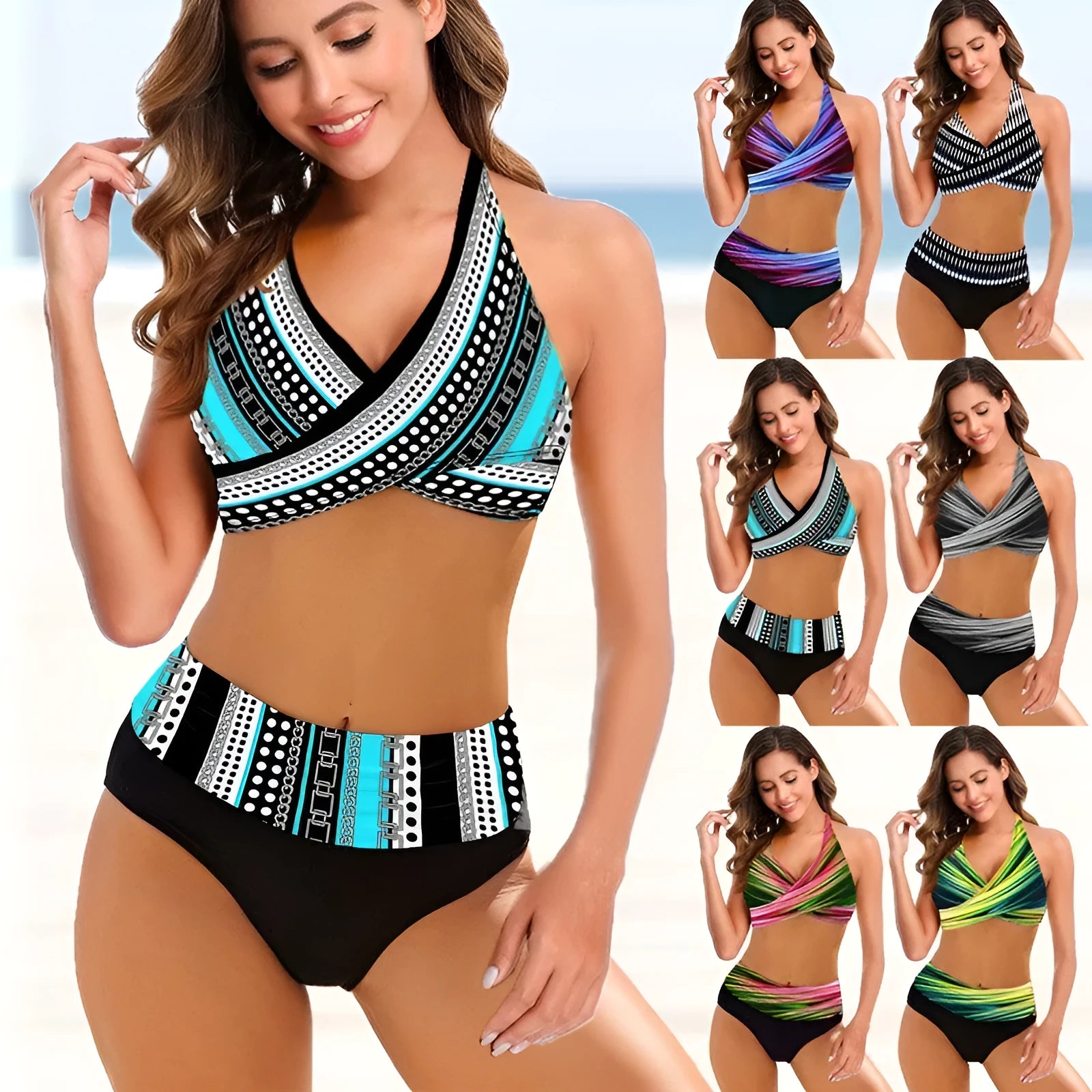 Women's striped tie-dye bikini set with hollow design detail, high-waisted bottoms, and backless top.