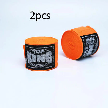 Two 5-metre boxing hand wraps in different colours showing elastic cotton construction