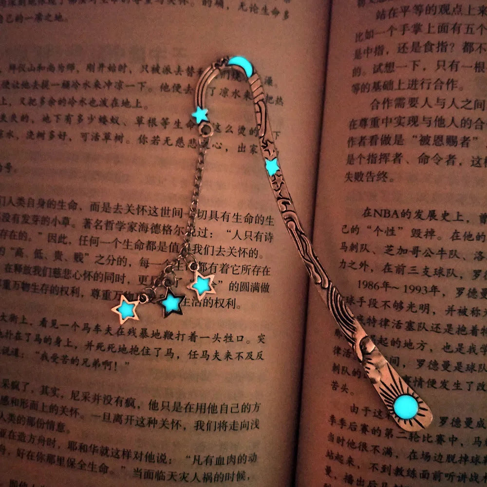 Retro celestial metal bookmark with glow-in-the-dark five-pointed star and sun moon stars design