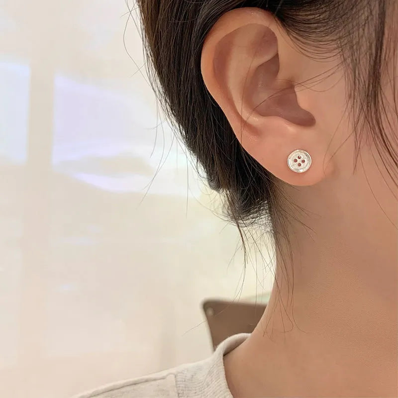 Geometric gold plated silver needle button stud earrings for women simple compact Japan Korea style