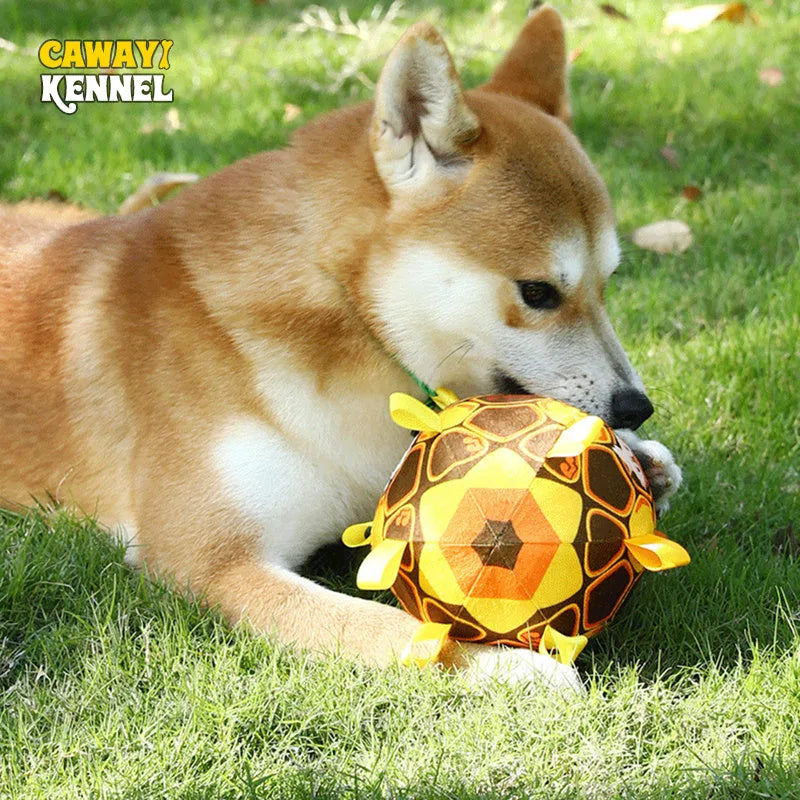 Green plush ball dog toy with a fabric handle, shown next to a yellow and a watermelon-coloured version.