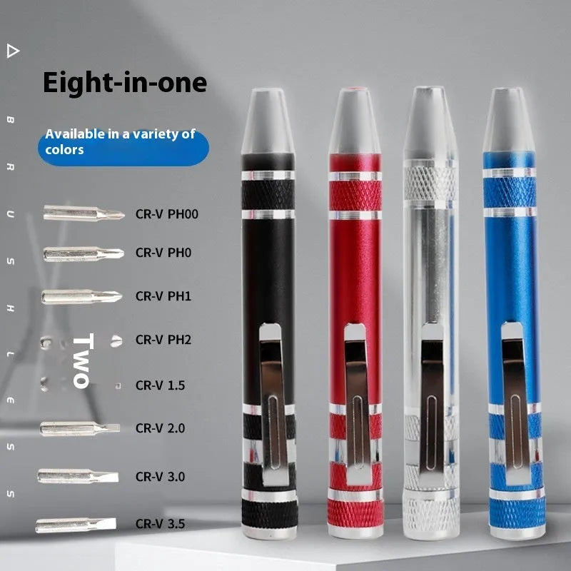 Aluminium alloy pen-style 8-in-1 screwdriver set with multiple bits and 107mm shaft.
