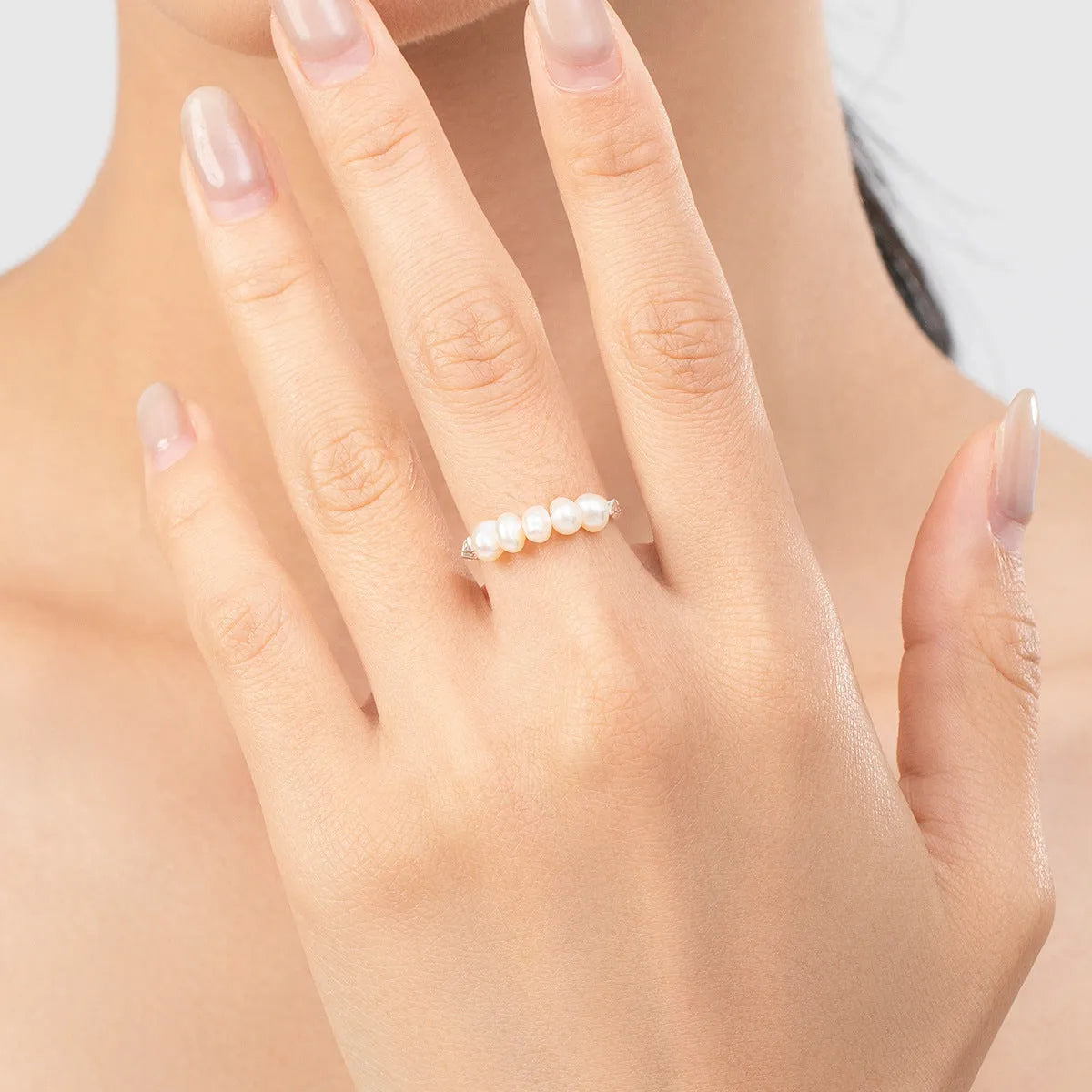 Women's S925 sterling silver natural pearl ring with adjustable open mouth design