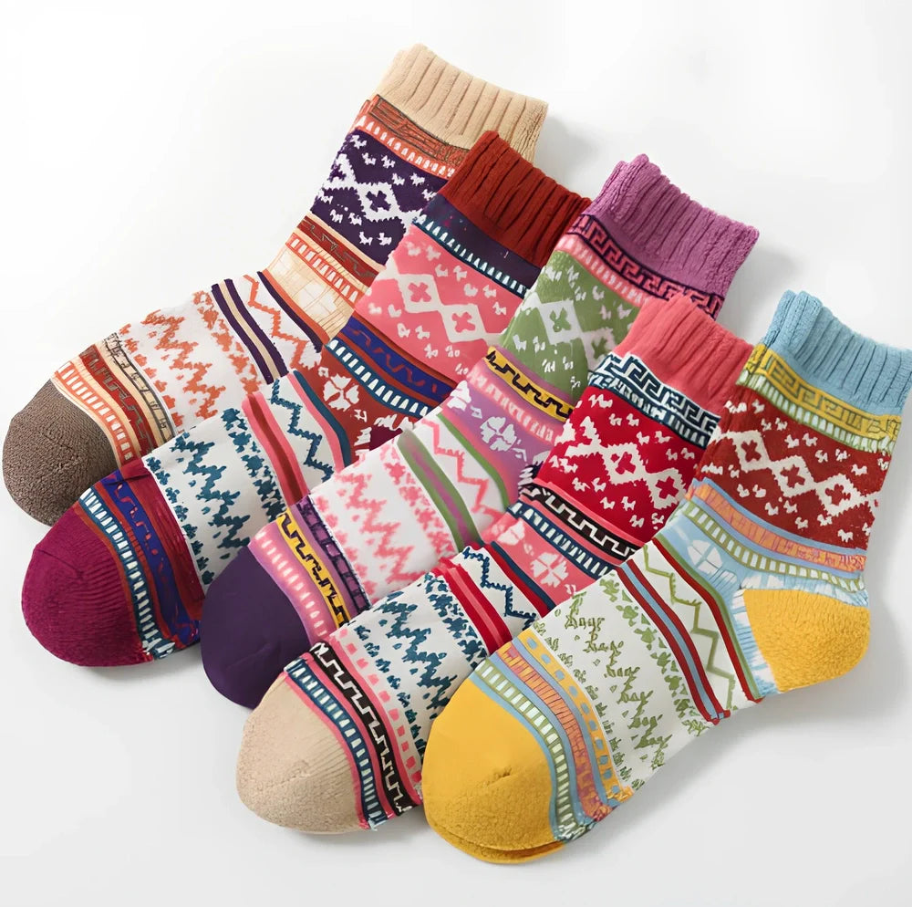 Pack of 5 thick stripe wool blend socks in various colours, featuring 15% rabbit hair for winter warmth, fitting sizes 39-42