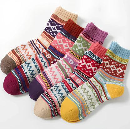 Pack of 5 thick stripe wool blend socks in various colours, featuring 15% rabbit hair for winter warmth, fitting sizes 39-42
