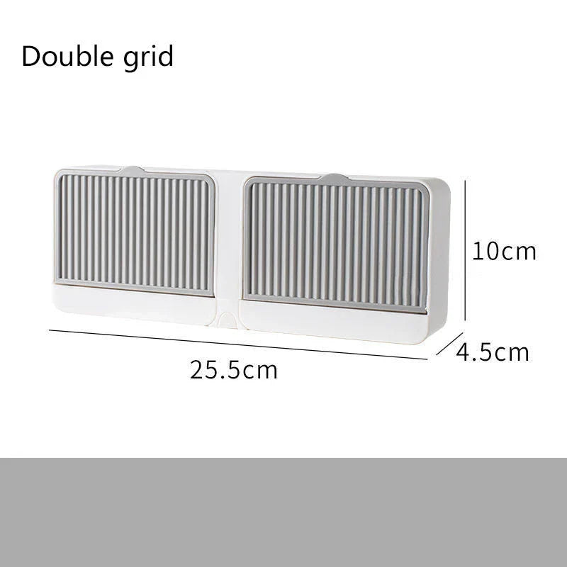 Double grids soap storage box wall mounted with free drain design in white, grey, and khaki
