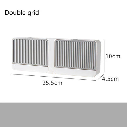 Double grids soap storage box wall mounted with free drain design in white, grey, and khaki