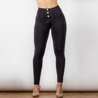 Black women's high waist jeans with button-up hip raise in British style