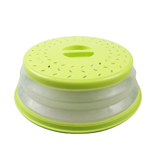 Foldable plastic microwave cover in assorted colours for splatter-free cooking