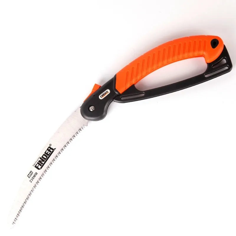 A folding garden hand saw with a black TPR grip and a 230mm steel blade, shown both open and closed.