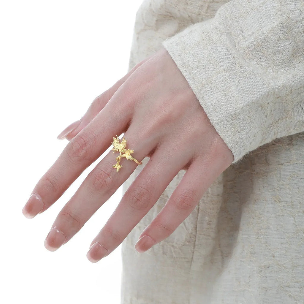 Adjustable silver ring with wild butterfly design in white gold or 18K gold electroplated finish