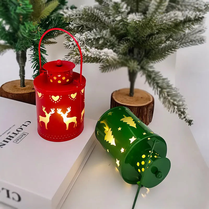 Nordic style wrought iron LED electronic candle lantern for Christmas decorations in green colour