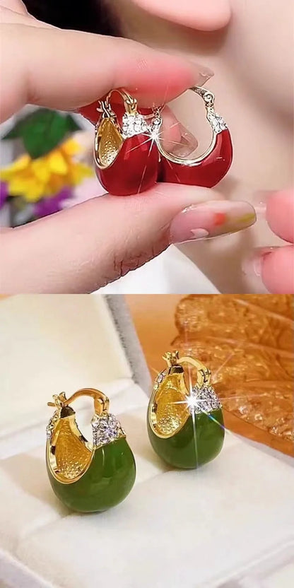 Fashion OL Red and Green Dripping Oil Rhinestone Earrings with unique design
