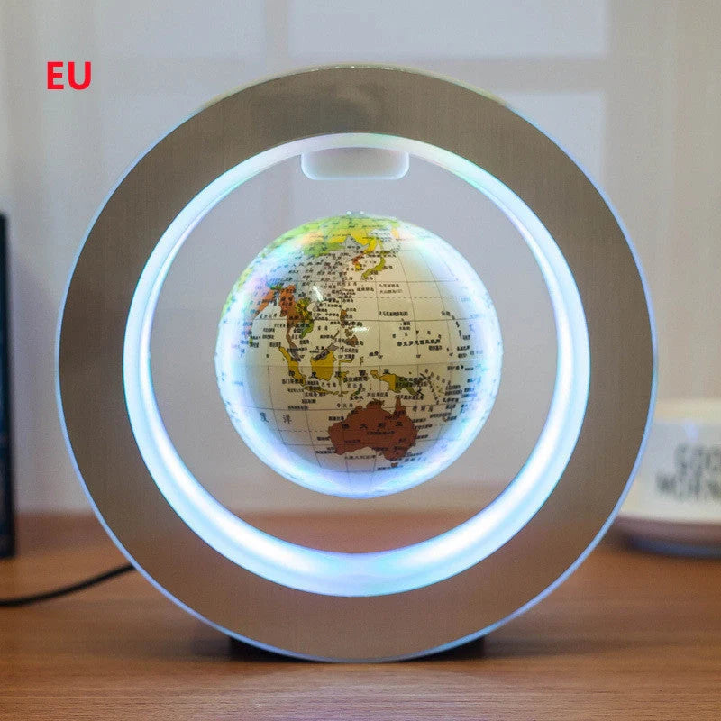 Round LED World Map Floating Globe hovering above base with magnetic levitation
