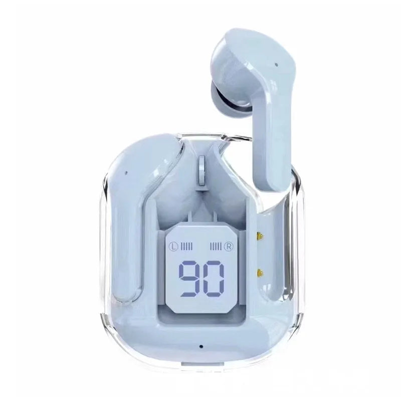 Transparent space capsule case true wireless Bluetooth earphones showing digital display and multiple colour options