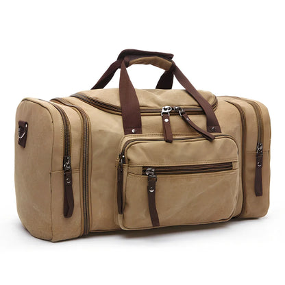 Men's canvas travel bag in army green with waterproof breathable canvas, soft handle, and cotton lining for dry travel packing