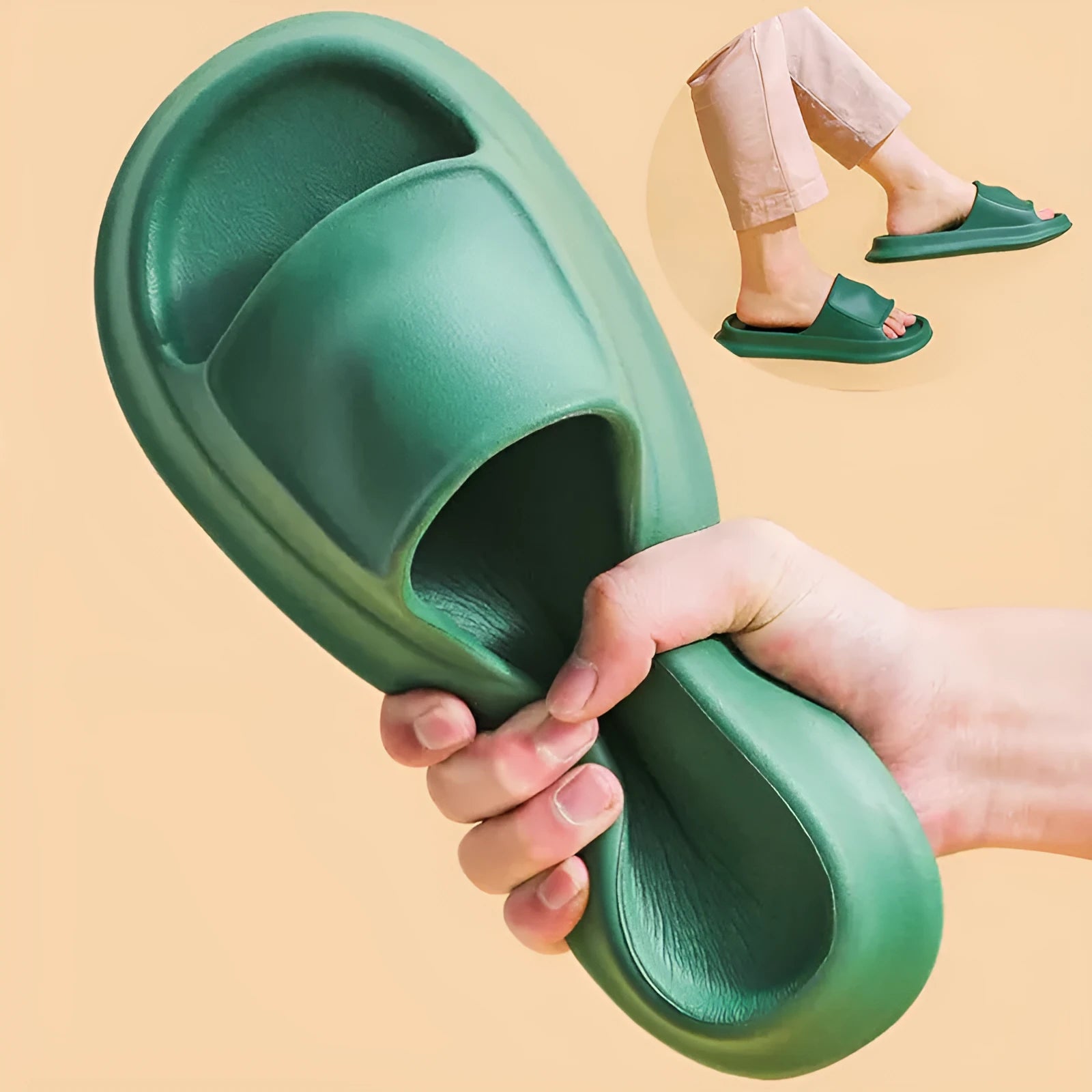 A pair of thick-soled EVA flip-flop slippers for men and women in a choice of seven colours.