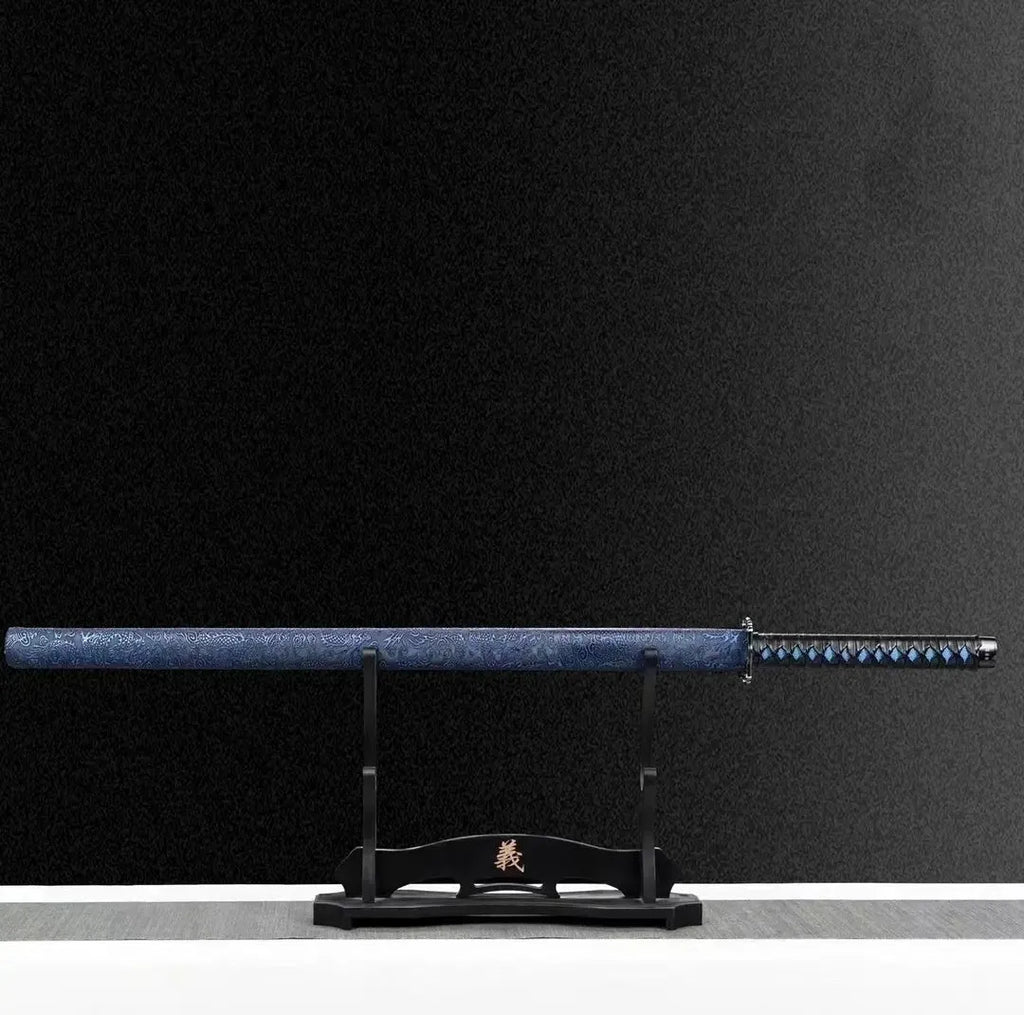 Blue Dragon Tang Horizontal Saber with high manganese steel blade and plastic steel scabbard on display