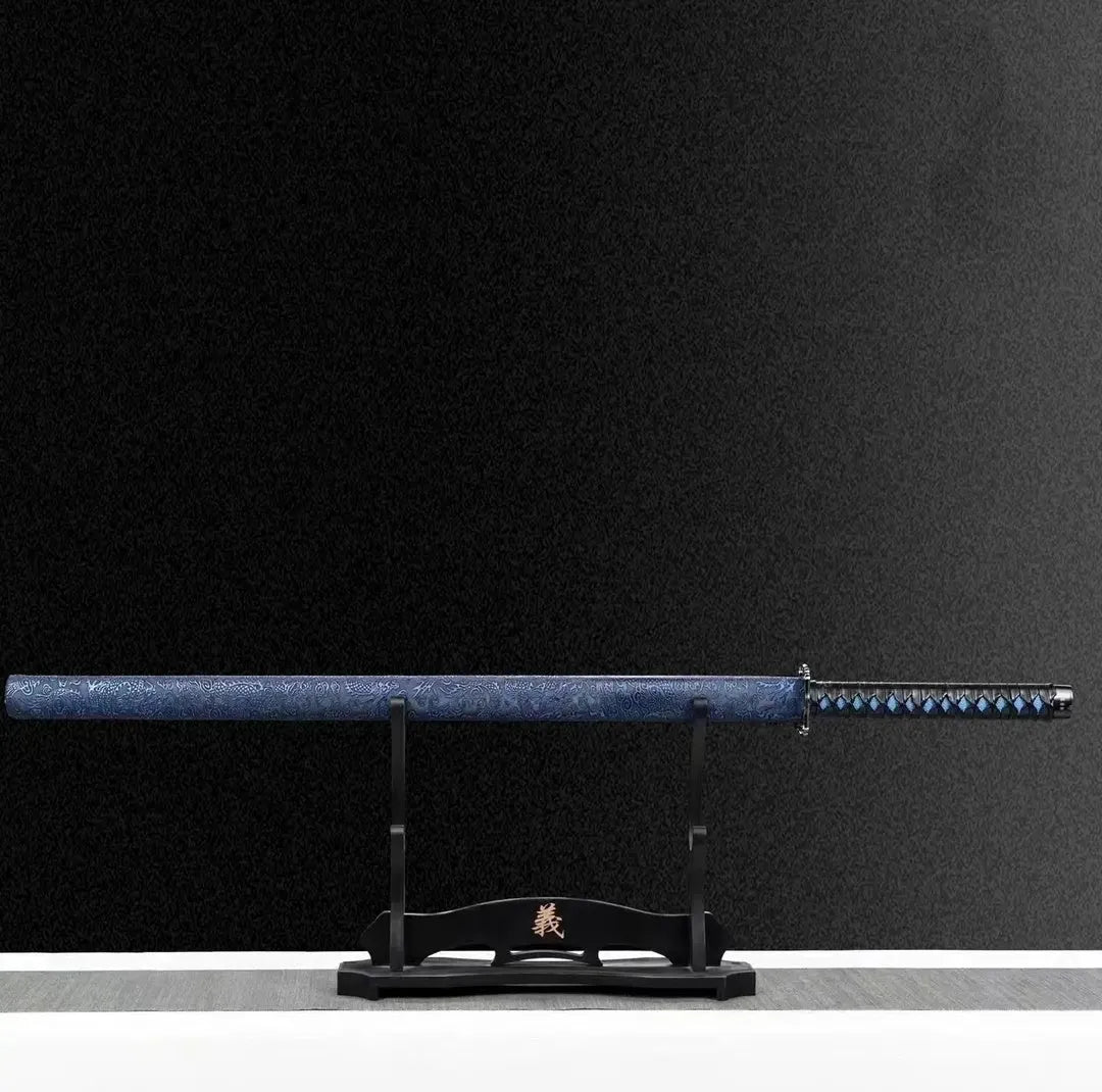 Blue Dragon Tang Horizontal Saber with high manganese steel blade and plastic steel scabbard on display