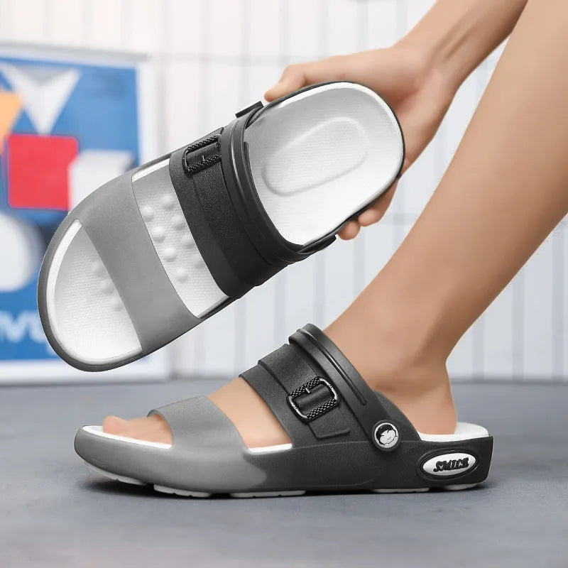 Flat wading breathable soft bottom hole shoes in black with EVA sole and oversleeve design