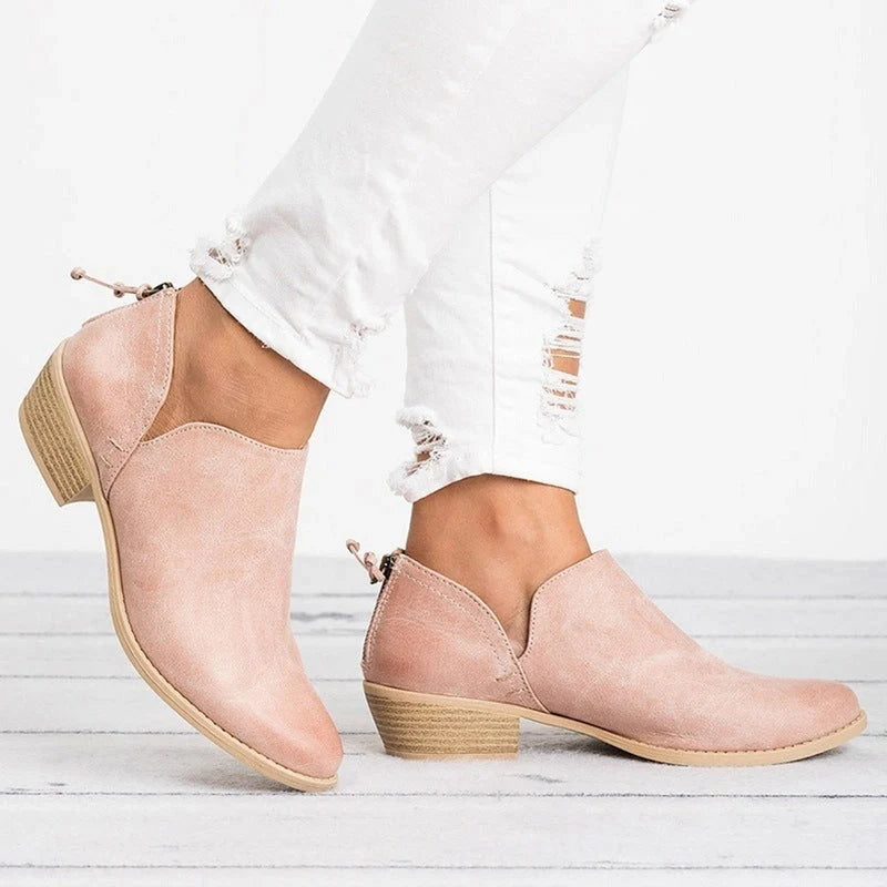 Women's retro high heel ankle boots in pink, black, and beige