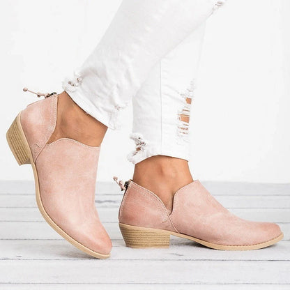 Women's retro high heel ankle boots in pink, black, and beige