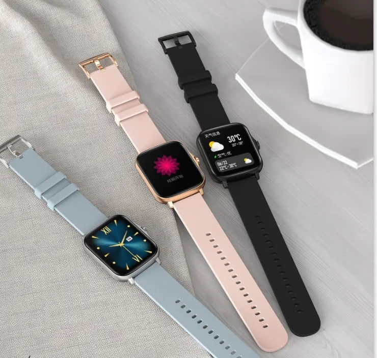 Black smart watch with 1.7-inch colour touch screen on an adjustable strap, showing Bluetooth call and fitness tracking interface.