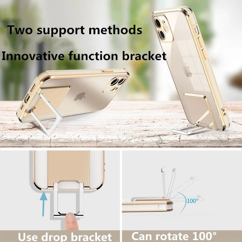 Transparent TPU phone case with gold electroplated bracket, displayed on a grey surface, for iPhone 12 Pro Max