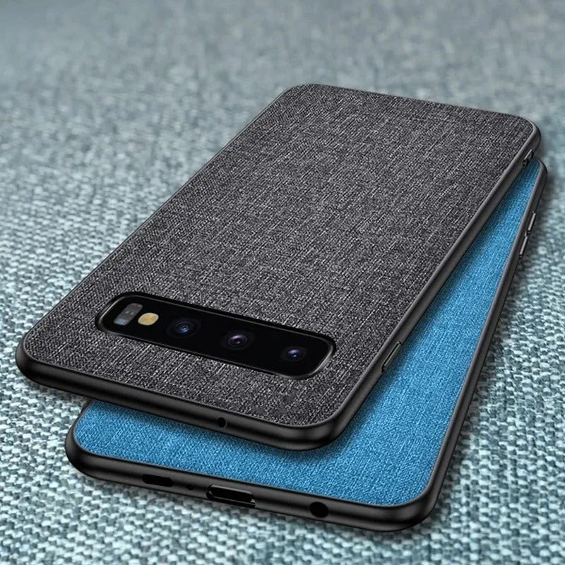 Canvas phone case for Samsung Galaxy in six colour options: black, blue, brown, grey, pink, and red.