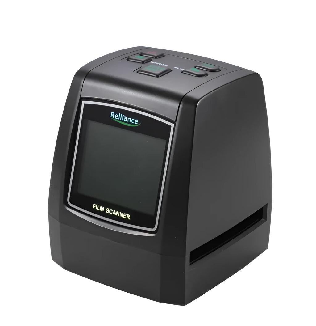 A compact grey film scanner for 135, 126, 110, and Super 8 negatives and slides, with a 2.4 inch LCD screen on the front.