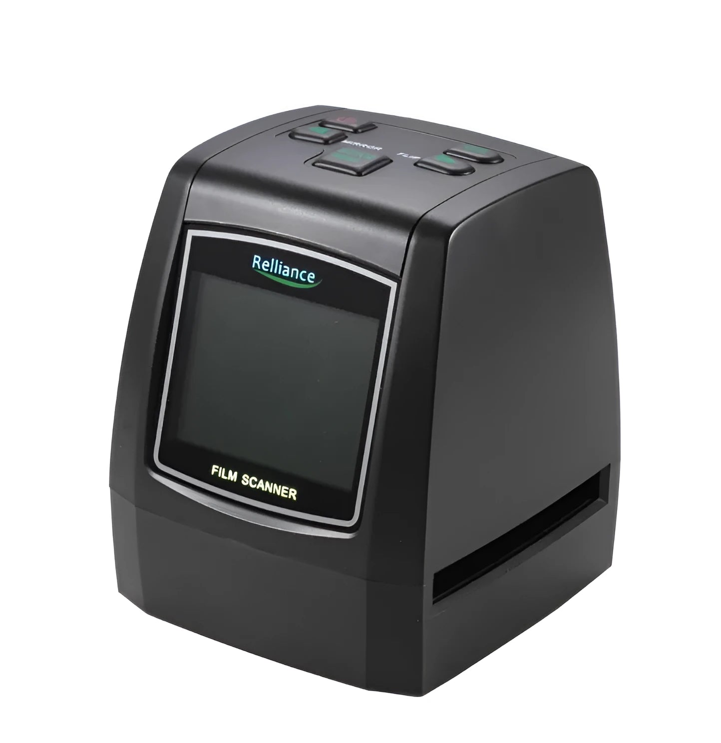 A compact grey film scanner for 135, 126, 110, and Super 8 negatives and slides, with a 2.4 inch LCD screen on the front.