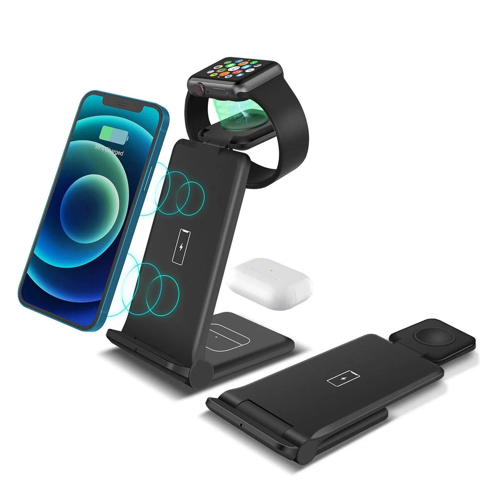 Black and white 3-in-1 foldable wireless charging station dock for iPhone, Samsung phone, AirPods and Apple Watch.