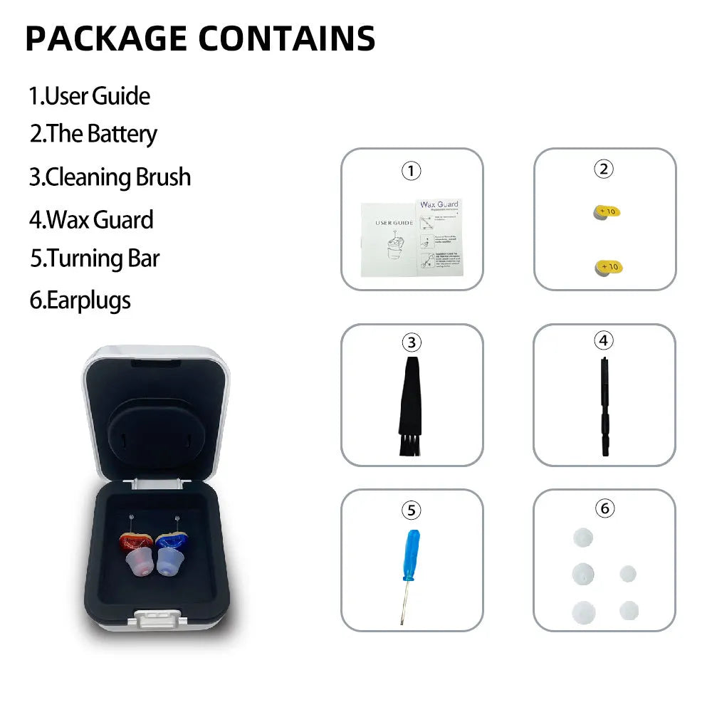 Q10 red and blue CIC mini hearing aids with ear tips, cleaning brush, batteries, and adjustment tool.