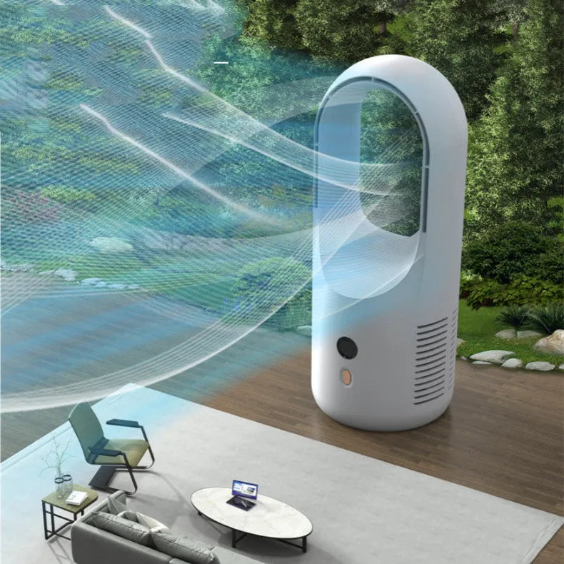 A compact white bladeless desk fan with an LED display, showing its dimensions and safe, blade-free air outlet.