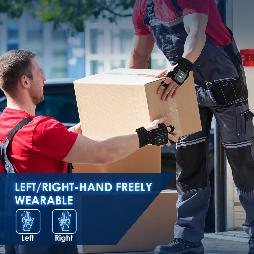 Portable wrist-worn barcode scanner glove with integrated handheld gun and Bluetooth wireless unit.