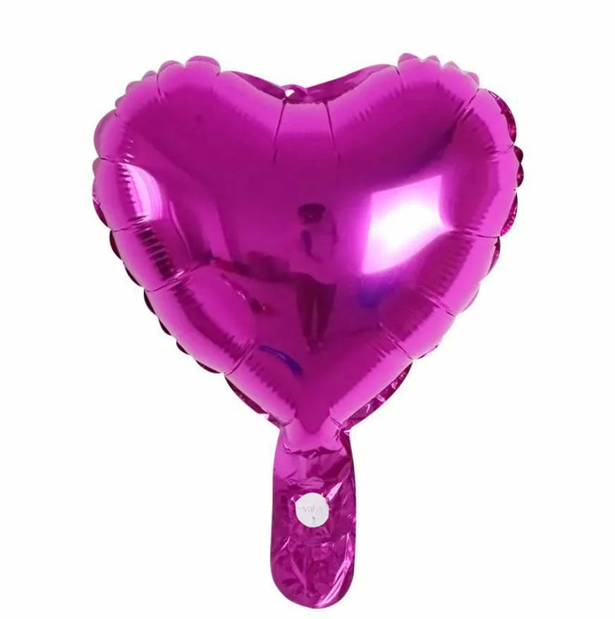 Five peach heart-shaped metallic aluminium balloons in assorted colours on a white background.