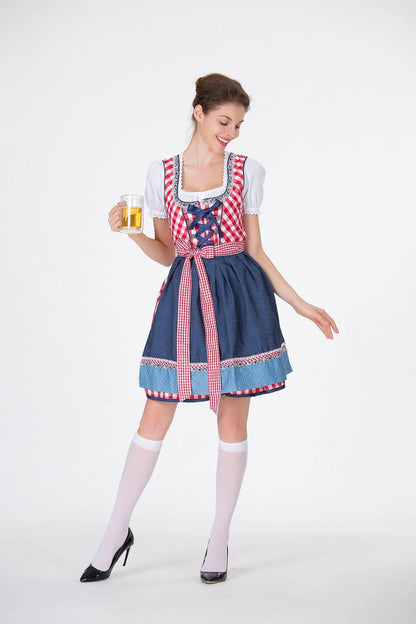 Bavarian Traditional Beer Dress in red, featuring a top, skirt, and apron, made from a cotton-polyester blend.