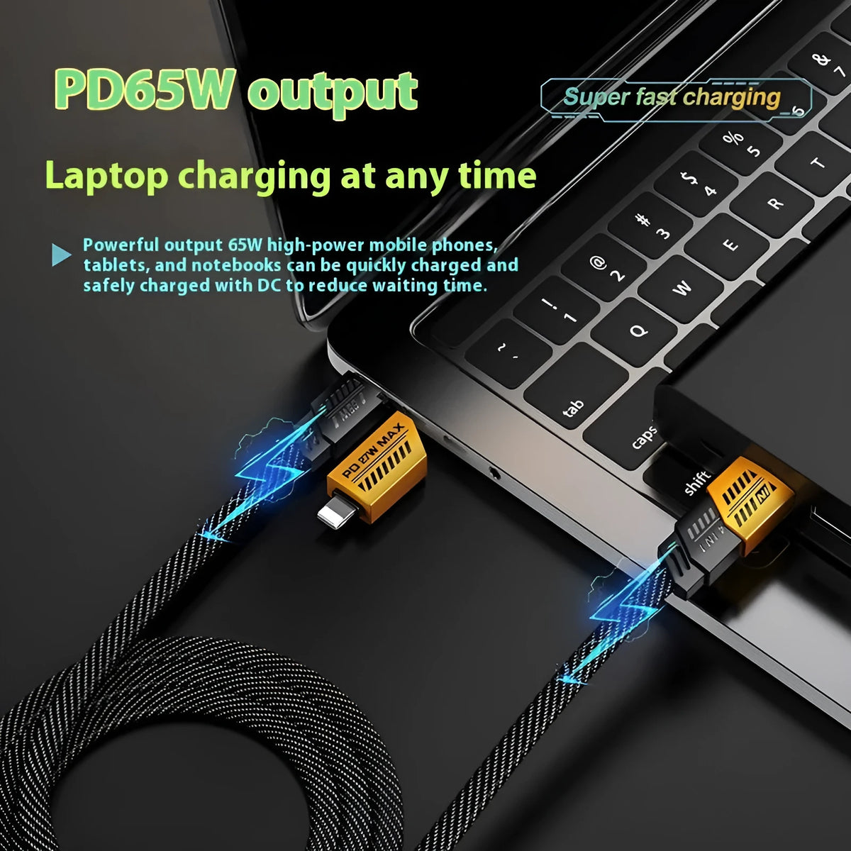 Four-in-one fast charge data cable with zinc alloy shell, braided black exterior, Lightning and Type-C connectors, 1-2m length