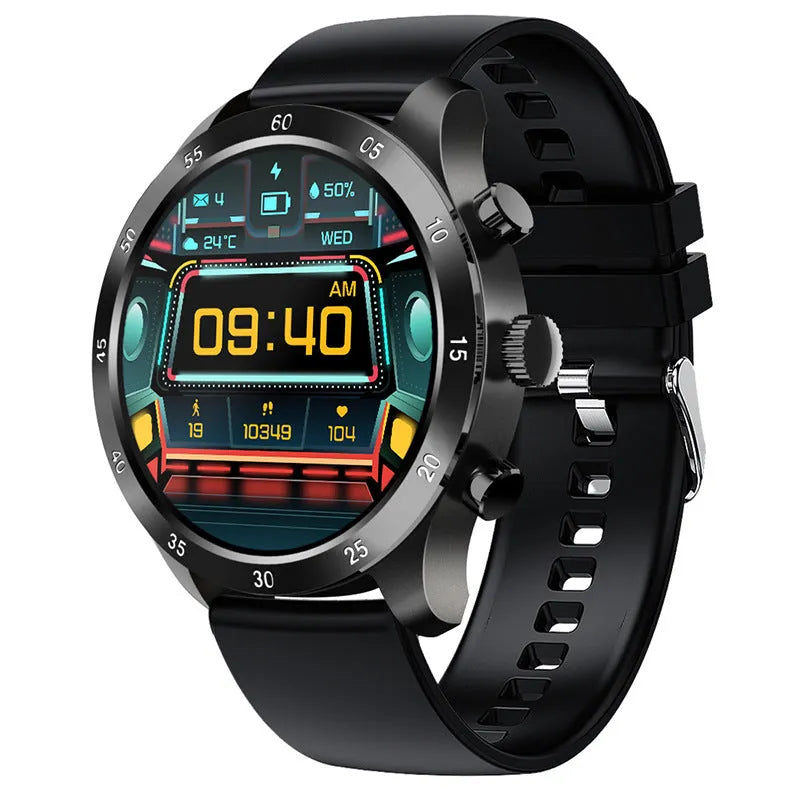 Black smartwatch with zinc alloy body on a silicone strap, showing a display with Bluetooth calling and music icons.