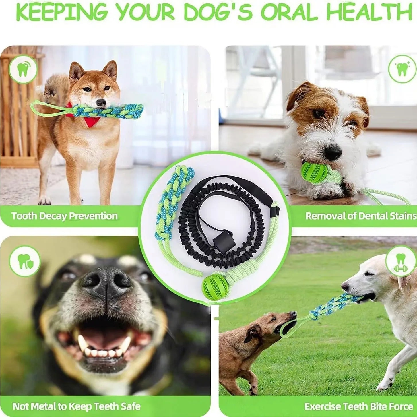 Cotton thread dog tug rope toy in green corncob design for bite and pull play.