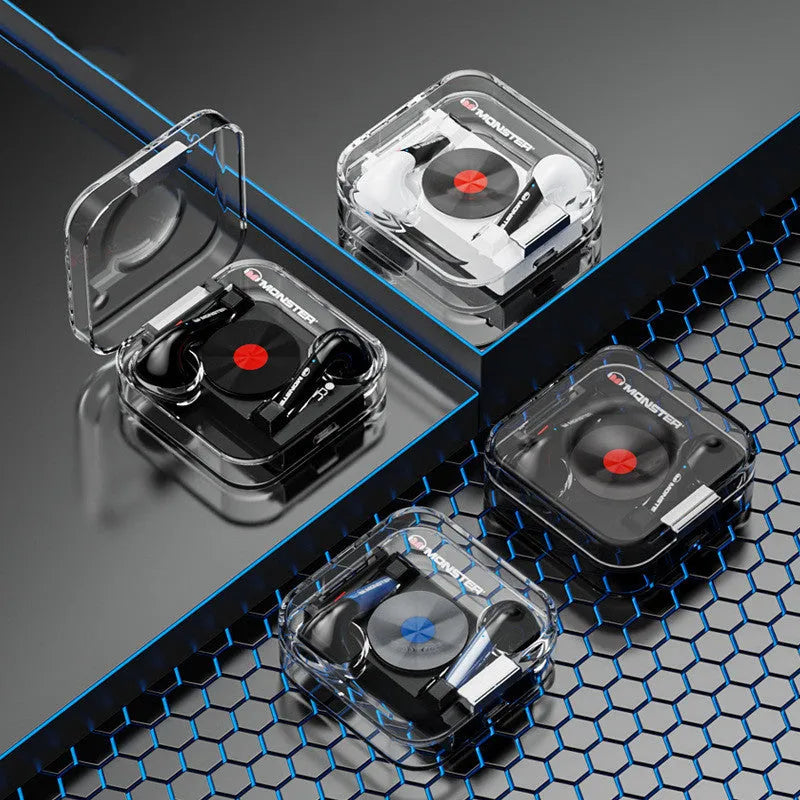 Wireless Bluetooth headphones in transparent black colour with earplug design.