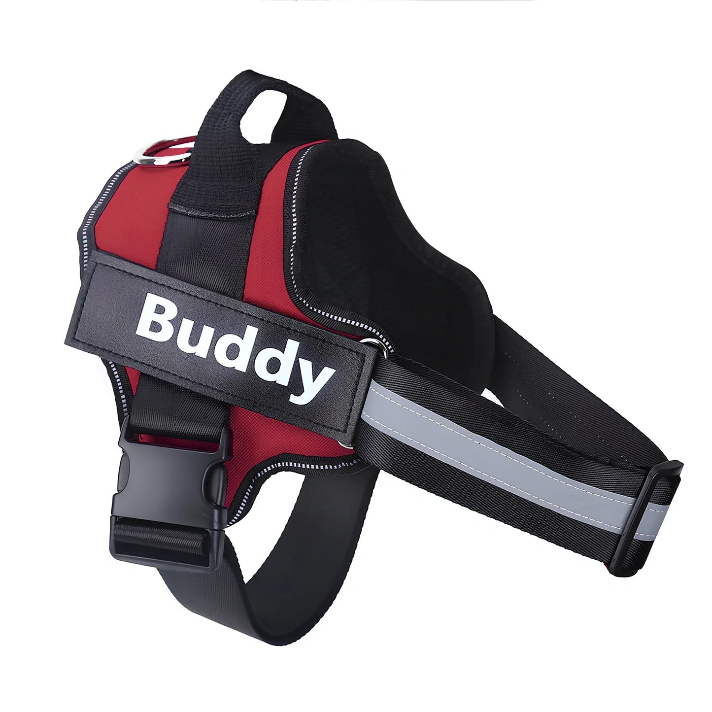 Adjustable nylon no-pull dog harness in black with reflective straps and custom patch, fits bust 25-120cm for small to large breeds