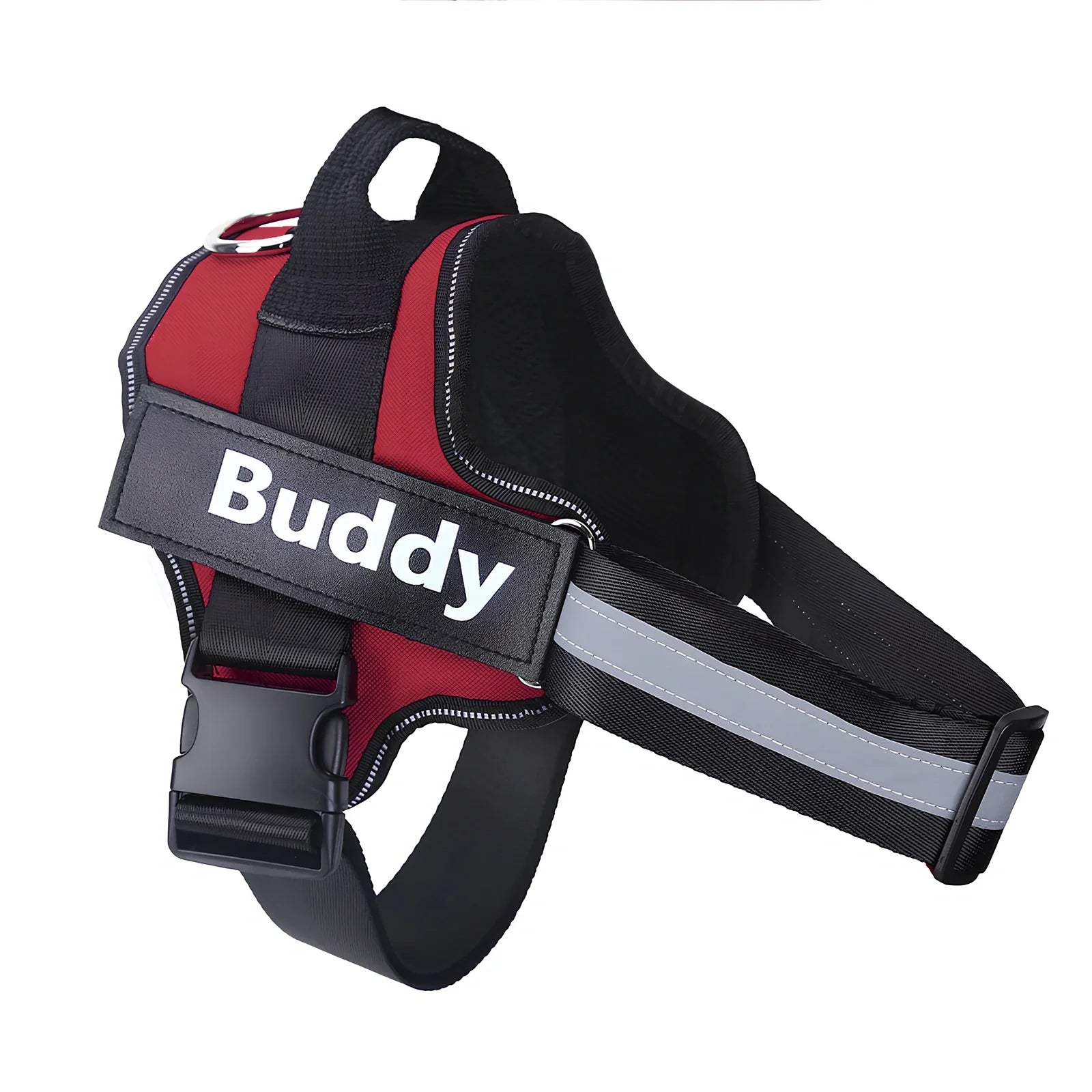 Adjustable nylon no-pull dog harness in black with reflective straps and custom patch, fits bust 25-120cm for small to large breeds