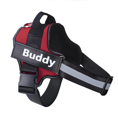 Adjustable nylon no-pull dog harness in black with reflective straps and custom patch, fits bust 25-120cm for small to large breeds