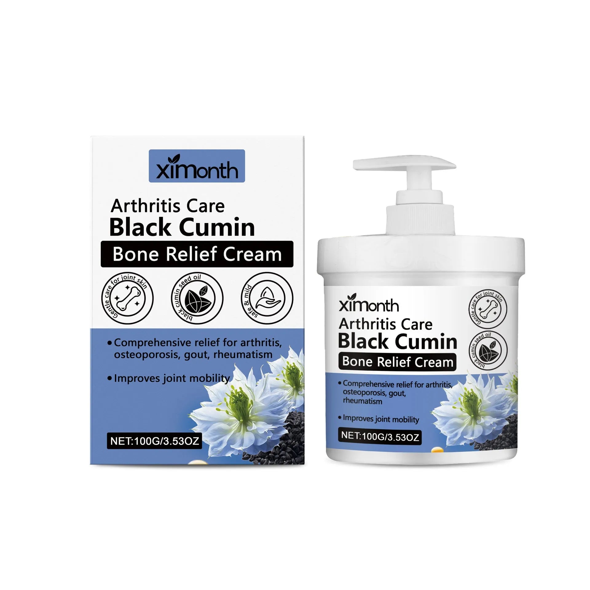 100g container of joint relief cream with mint leaf and cumin seed oil ingredients