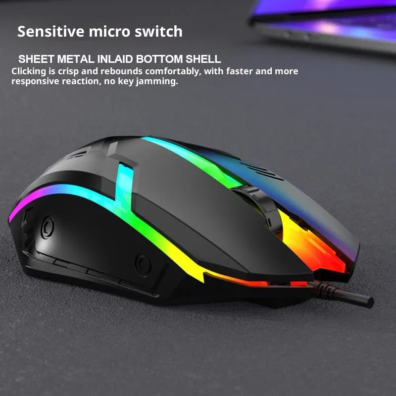 Black e-sports weighted wired USB gaming mouse on a desk