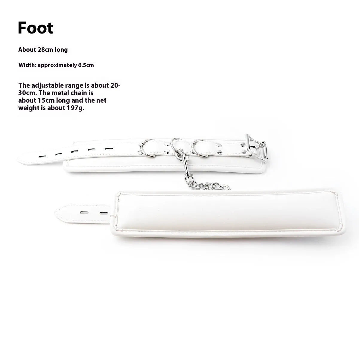 White PU sponge adult bondage set showing handcuffs, footcuffs, and a neck scarf.