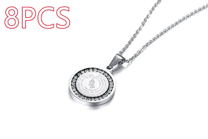 Stainless steel rhinestone prayer scripture pendant with adjustable chain in gold and silver